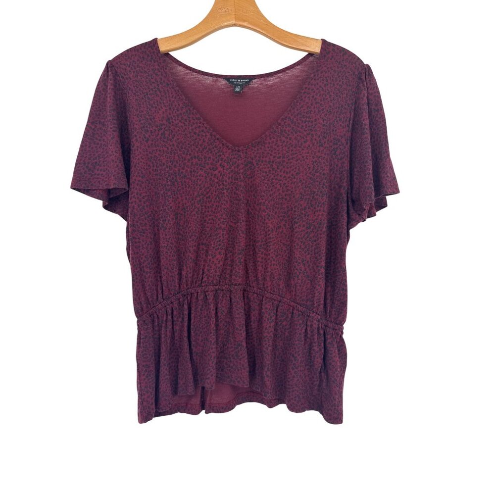 Lucky Brand Burgundy Leopard Print Modal Cotton Peplum Top